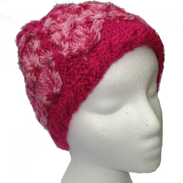 Bright Pink Hand Knit Hat with Multicolor Pink Cable