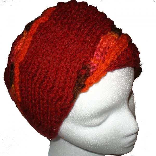 Red Hand Knit Hat with Orange Spiral