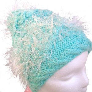 Mint Green Hand Knit Hat with sparkly white embellishment