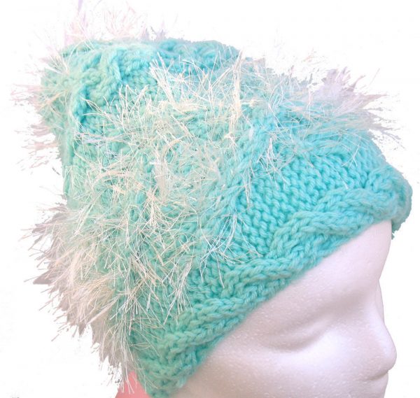 Mint Green Hand Knit Hat with sparkly white embellishment