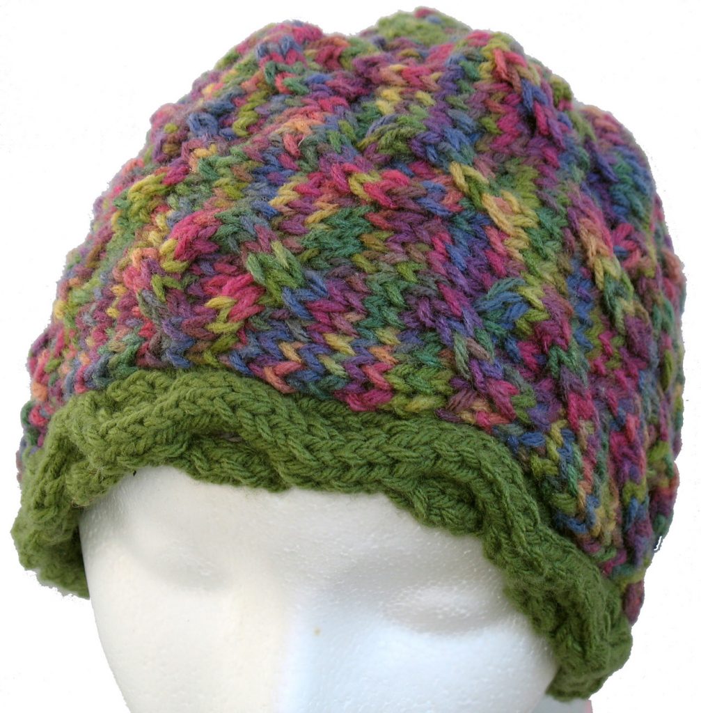 a multicolor knit hat made by Tobi